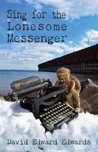 A vintage typewriter and a worn teddy bear positioned in a snowy landscape with a lake and wooden dock structure in the background, under a partly cloudy sky.