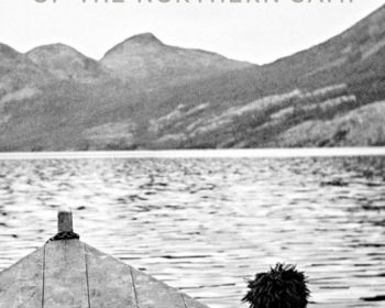 A monochrome book cover featuring a child on a boat with a mountain landscape in the background and the title "the rocks will echo our sorrow: the forced displacement of the northern sámi" by elin anna labba, translated by fiona graham.