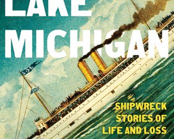 Book cover for "Along Lake Michigan: Shipwreck Stories of Life and Loss" by Michael Schumacher, featuring a vintage illustration of a steamship on rough water with smoke coming from its stacks.