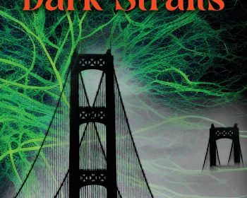 Book cover for "Dark Straits" by Joshua Veith, featuring a black bridge in fog, green vein-like patterns in the background, and bold red and green text. Subtitle reads "Sudden Quiet: Book II.