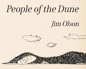 Book cover with the title "People of the Dune" and author "Jim Olson" on a beige background. Simple illustration shows a dotted hill, clouds, and small figures walking in the foreground.
