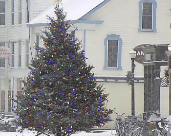 A snowy street scene on Mackinac Island features a large, decorated Christmas tree in the foreground and historic buildings in the background. The book title and author’s name are overlaid in bold blue text.
