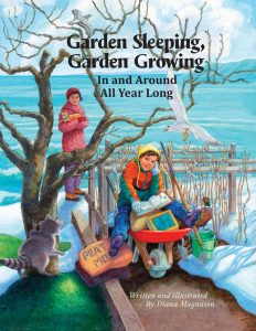 A child sits on a bench in winter clothing writing in a notebook near a snowy garden plot. A raccoon, a bird, and bare trees are visible, with gardening tools and a bag labeled "peat moss" nearby. Book title text overlays the image.