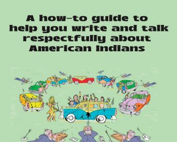 Book cover titled "Merciless Savages (NOT)" by Phil Bellfy, featuring cartoon cars and people circling wagons, with the subtitle about writing and talking respectfully about American Indians.