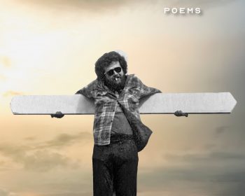 A black and white photo of a bearded person in sunglasses and plaid shirt holding a large rectangular object horizontally, set against a cloudy sky and field. Large text reads “Vigil: Poems,” with “Ellen Lord” at the bottom.