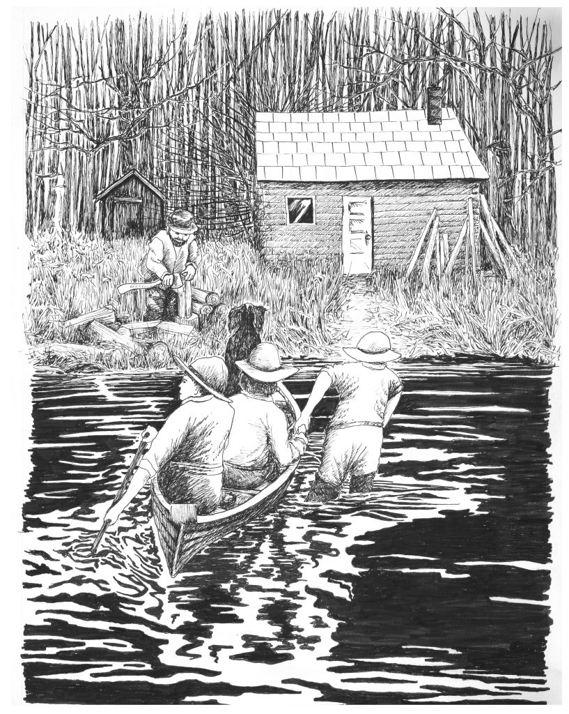 Three people paddle a canoe toward a small wooden cabin by a forest. Smoke rises from the chimney. A person sits near the water on a dock with a dog. The trees in the background have no leaves.