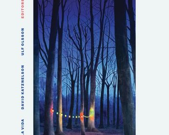 Book cover for "Out of the Darkness: Classic Short Fiction from Sweden," featuring leafless trees in a dark forest with a strand of colorful lights hanging between them. Editors’ names are listed along the left side.