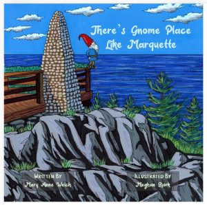 Illustration of a gnome on a wooden deck beside a stone monument, overlooking a large body of water. Pine trees and large rocks are in the foreground. The book title and author names appear on the image.