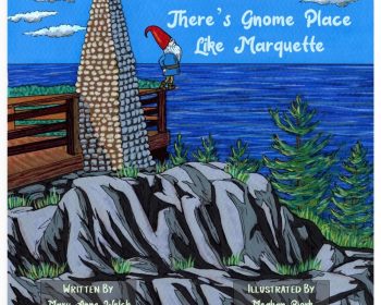 Illustration of a gnome on a wooden deck beside a stone monument, overlooking a large body of water. Pine trees and large rocks are in the foreground. The book title and author names appear on the image.