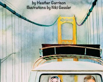 A watercolor illustration of a blue van driving across a large suspension bridge. Two children look out from the van’s front window, one making binocular shapes with their hands and the other smiling. Text appears at the top.
