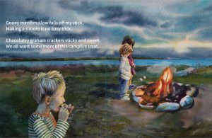Three children are gathered around a campfire at dusk, roasting marshmallows. One child in the foreground eats a marshmallow while the others toast theirs. A body of water and cloudy sky are seen in the background. Text appears on the left.