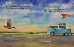 A watercolor illustration of two birds flying over a road, alongside a blue van with luggage on top, driving at sunset. The sky is mostly blue with hints of orange. Text is overlaid on the image.