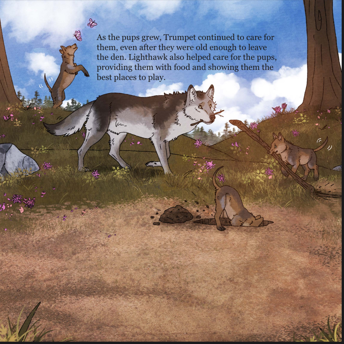 An illustrated scene shows an adult wolf and three wolf pups in a grassy, flower-filled clearing; one pup digs, one plays with a stick, and one jumps by a tree. A short paragraph of text appears above them.