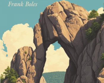 Book cover for "Visiting Mackinac" by Frank Boles, featuring an illustration of sailboats passing under a large rocky arch with water and trees against a blue sky. Subtext reads: “150 Years of Tourism at Michigan’s Fabled Straits.”.