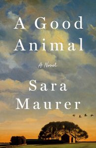Book cover for "A Good Animal" by Sara Maurer featuring a painted landscape with a cloudy sky, a small house near trees, and four birds flying in the distance. The text is centered across the sky.