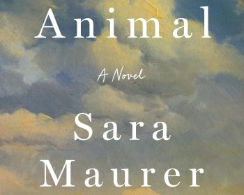 Book cover for "A Good Animal" by Sara Maurer featuring a painted landscape with a cloudy sky, a small house near trees, and four birds flying in the distance. The text is centered across the sky.