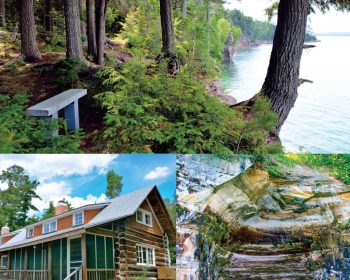 Book cover for "Grand Island: Island of History and Mystery" by Mikel B. Classen, featuring images of a forest bench, a lake with cliffs, a log cabin, and a rocky shoreline. The cover has a purple background.