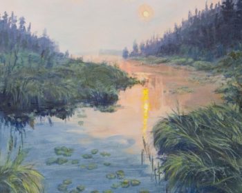 A book cover titled "Seeking Serenity" by John Highlen features a serene landscape painting of a river at sunset, surrounded by lush green vegetation and trees under a partly cloudy sky.