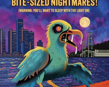Illustrated book cover featuring a zombie seagull with green feathers and red eyes, standing by water at night with a city skyline, bridge, and full moon in the background. Title: “Zombie Seagulls” by Jim Bolone.