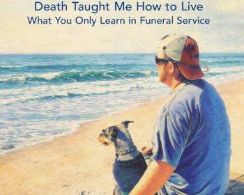A man in a blue shirt and cap sits on a bench at the beach with a small dog, looking at the ocean. The book title "The Business of Goodbye" and author Jim L. Dobbins are visible.