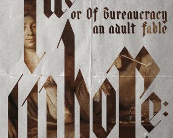 A grayscale book cover with stylized Gothic text reads, "The Or of Bureaucracy: an adult fable, M. Kelly Peach.” The background features a faint, classical painting of a person.