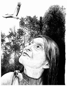 A woman with long hair looks upward toward a flying bird. She stands among tall trees with dense foliage. The image is rendered in detailed black and white linework.