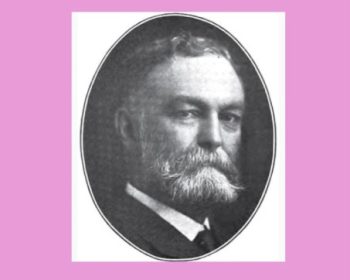 Book cover with a pink background, black text reads “John Munro Longyear.” Below is an oval, black-and-white portrait of an older man with a thick mustache and beard. The author is listed as Michael S. Nyquist.