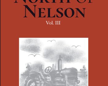 Book cover for “Thirteen Miles North of Nelson Vol. III” by Hilton Everett Moore, featuring a drawing of a tractor and farm scene in black and white, with a red background and white and black text.