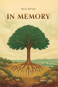 Book cover titled “In Memory” by Neo Rysik, featuring an illustration of a tree with exposed roots on a cliff overlooking the sea.