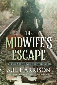Book cover for “The Midwife’s Escape” by Sue Harrison, showing a woman in a period dress walking away while carrying a suitcase along a set of train tracks.