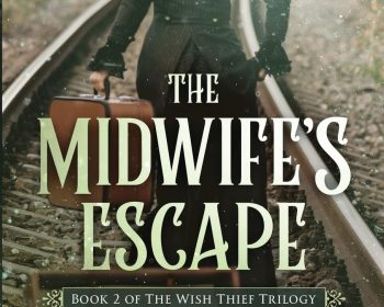 Book cover for “The Midwife’s Escape” by Sue Harrison, showing a woman in a period dress walking away while carrying a suitcase along a set of train tracks.